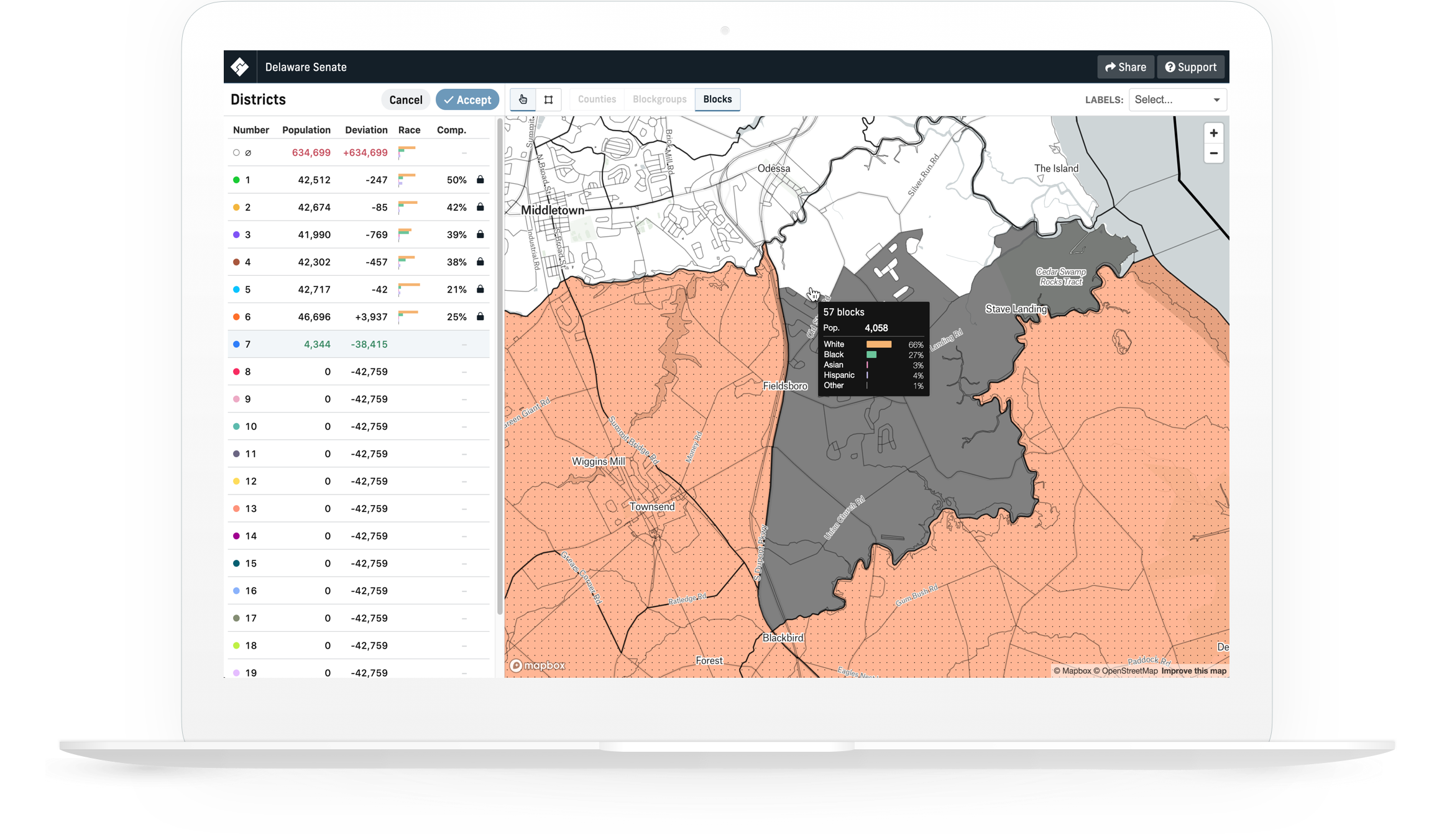 Screenshot of the new, free redistricting tool – DistrictBuilder.